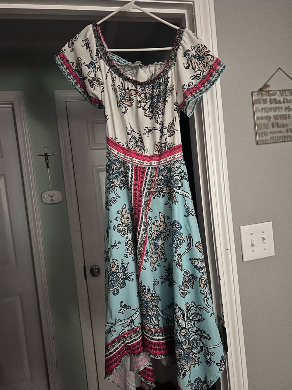 Flying Tomato Off-Shoulder Maxi Dress in White, Aqua & Red